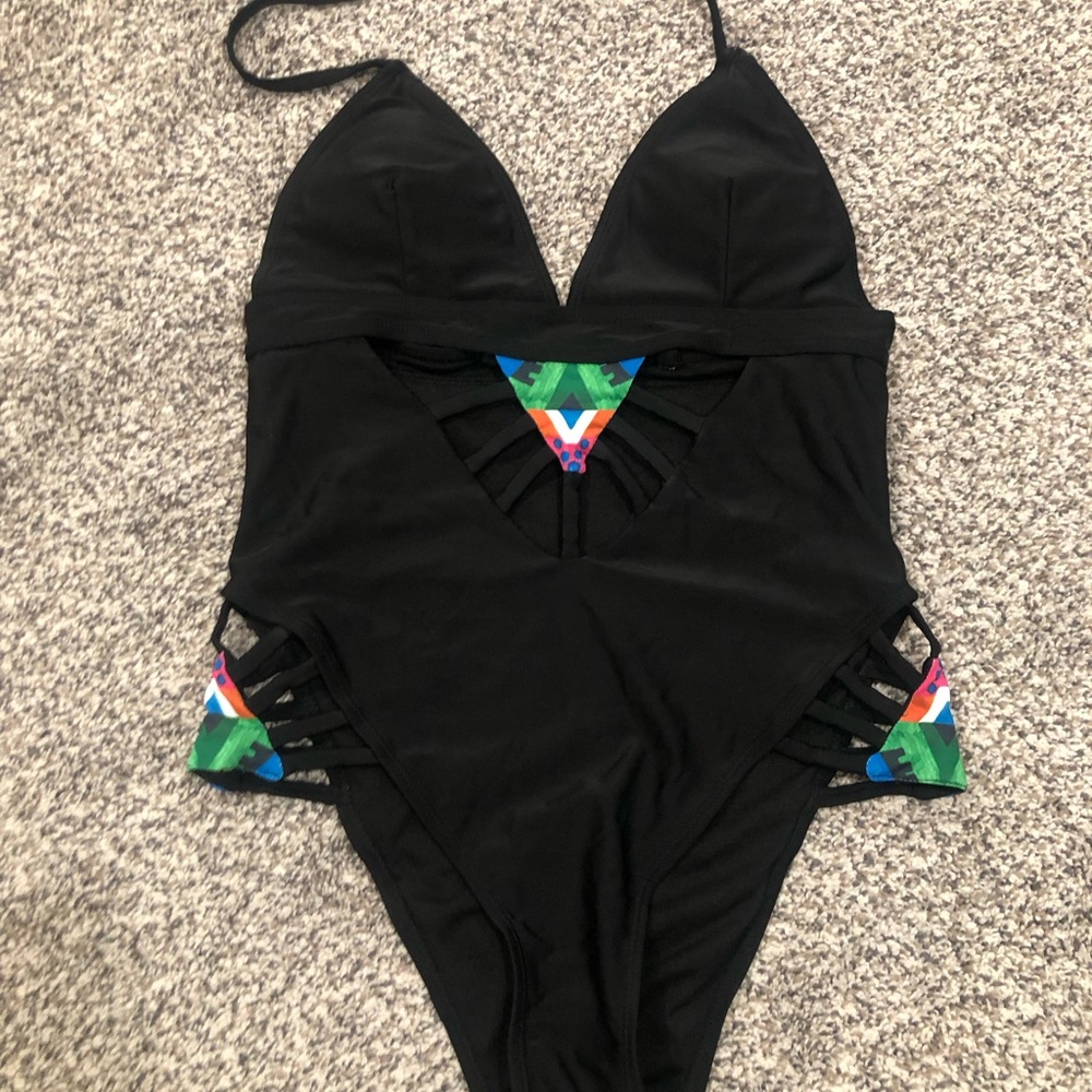 Black One-Piece Swimsuit with Colorful Accents and cutouts